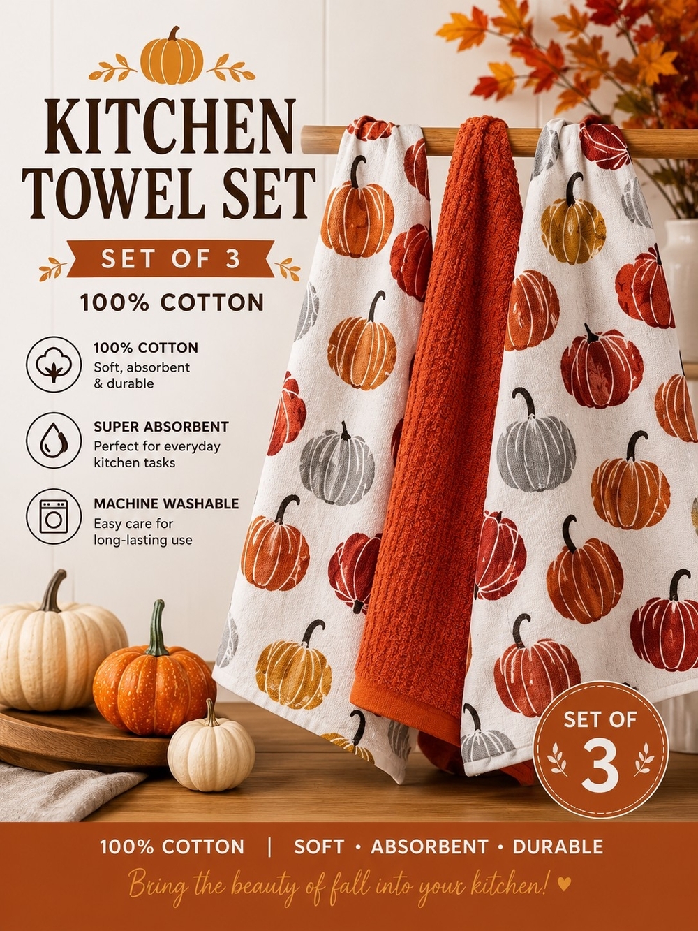 Kitchen Towel Set of 3 – Rustic Pumpkin Print & Solid Orange, 100% Cotton